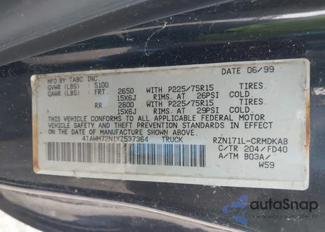 1999 Toyota Tacoma from USA, damaged, VIN 4TAWM72N1XZ537364